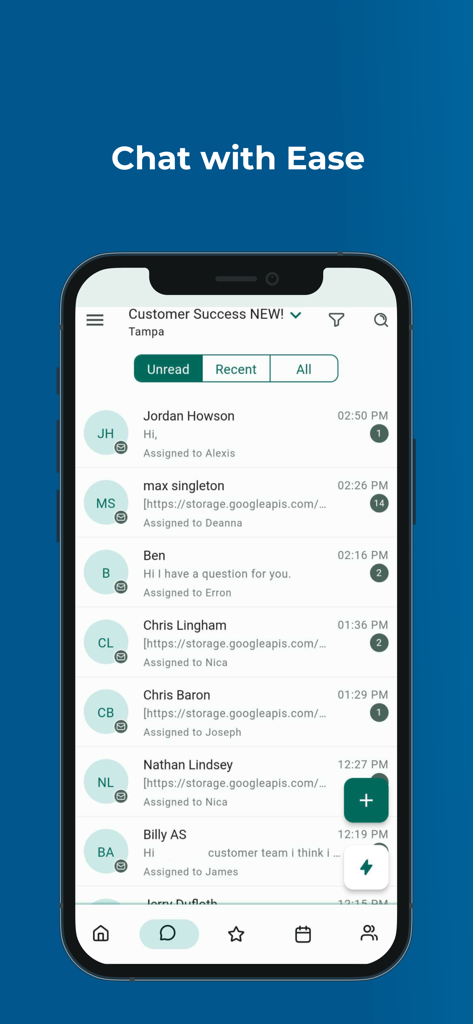 Lead Connector - Lead Connector Mobile App-Oberfläche, die eine Liste von Kundenchats und ungelesenen Nachrichten für das CRM-Management anzeigt