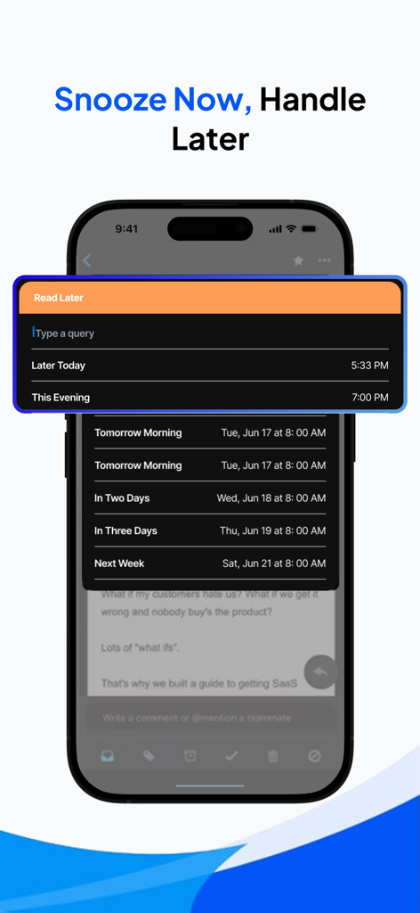 Polymail app interface showing the snooze email feature with read later scheduling options on an iPhone.