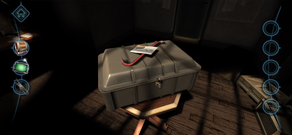 Machinika Museum - A locked green storage chest with a red crowbar on top in the Machinika Museum game
