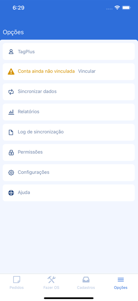 The options menu of the TagPlus app showing settings and synchronization features.