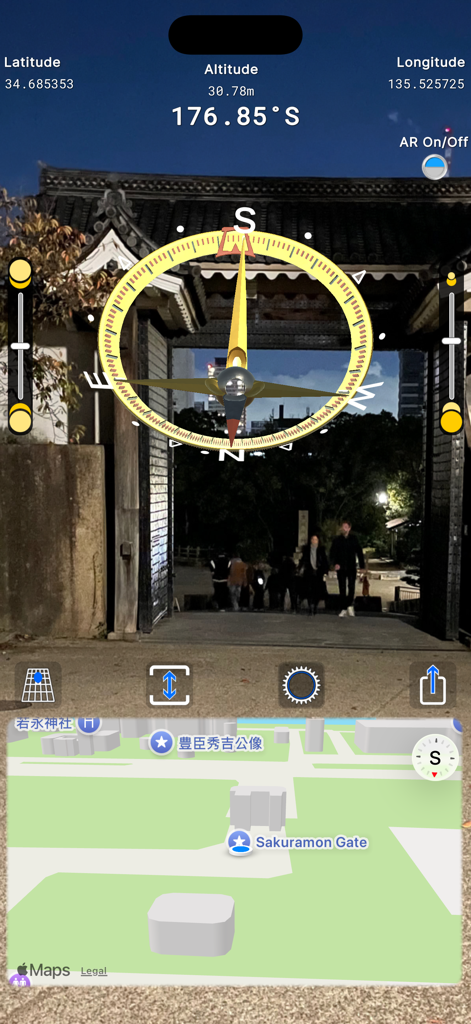 Augmented reality compass interface with 3D overlay and map display