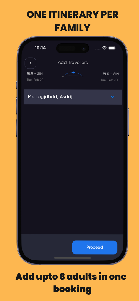 FlightGen Flight Itinerary App - FlightGen app screen to add multiple travellers for a family flight itinerary