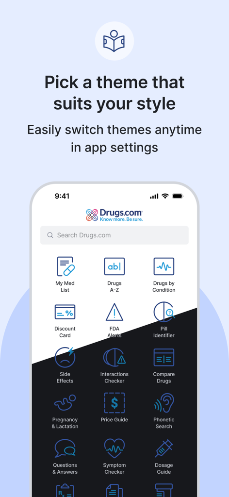 Interface de l'application Guide des médicaments Drugs.com présentant les options de thème clair et sombre pour ses différents outils et fonctionnalités médicales.