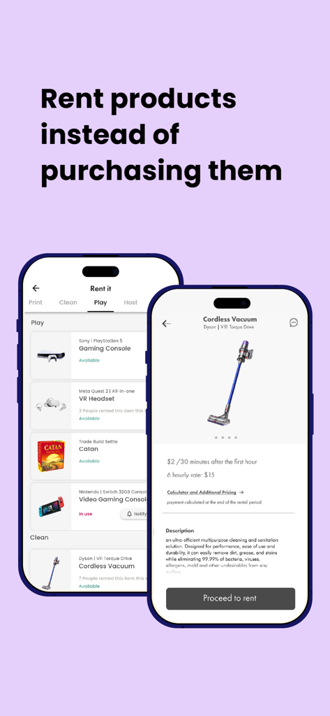 TULU - Own Less, Live More - Two mobile screens showing the TULU app interface with options to rent a gaming console, board games, and a Dyson cordless vacuum.