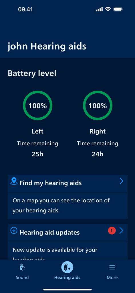 Philips HearLink 2 - Pantalla de la aplicación Philips HearLink 2 que muestra los niveles de batería de los audífonos izquierdo y derecho y la función Encontrar mis audífonos