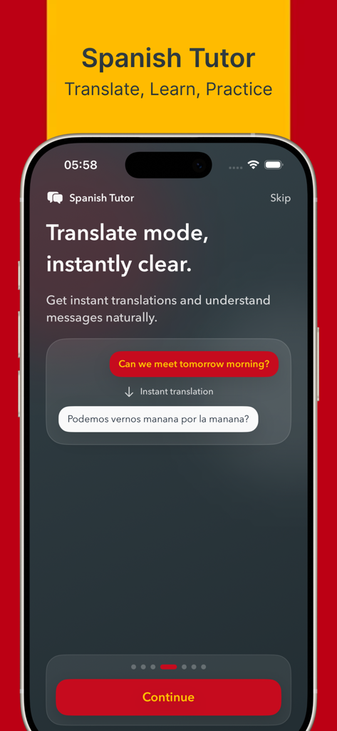A mobile app screen showing a chat based English to Spanish translation feature
