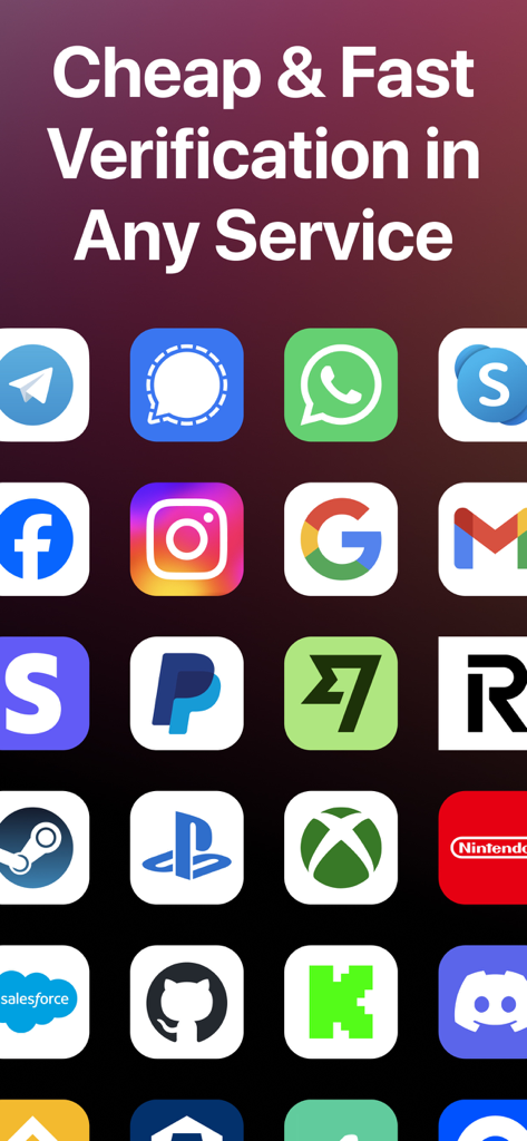 Receive SMS Online, SMS Getter - Uma grade de ícones de aplicativos populares, incluindo WhatsApp, Facebook e Google, indicando serviços compatíveis com SMS Getter para verificação rápida de OTP
