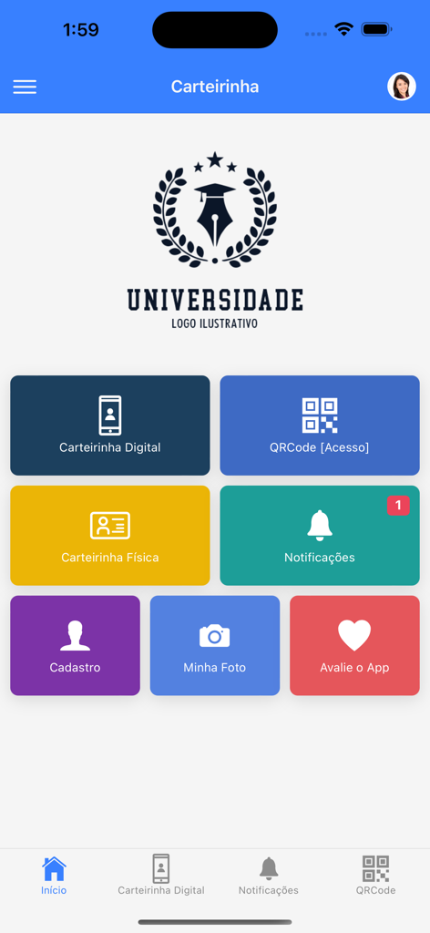 Home screen of the Carteirinha app showing digital student ID and QR code access options.