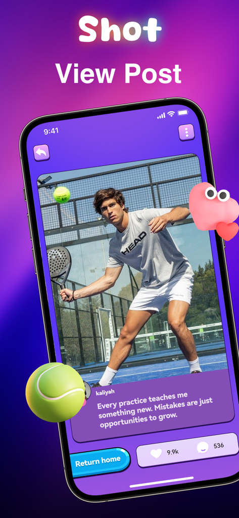 Un post utente sull'app Ncey con un giocatore di tennis su un campo con una didascalia motivazionale sulla pratica e la crescita.