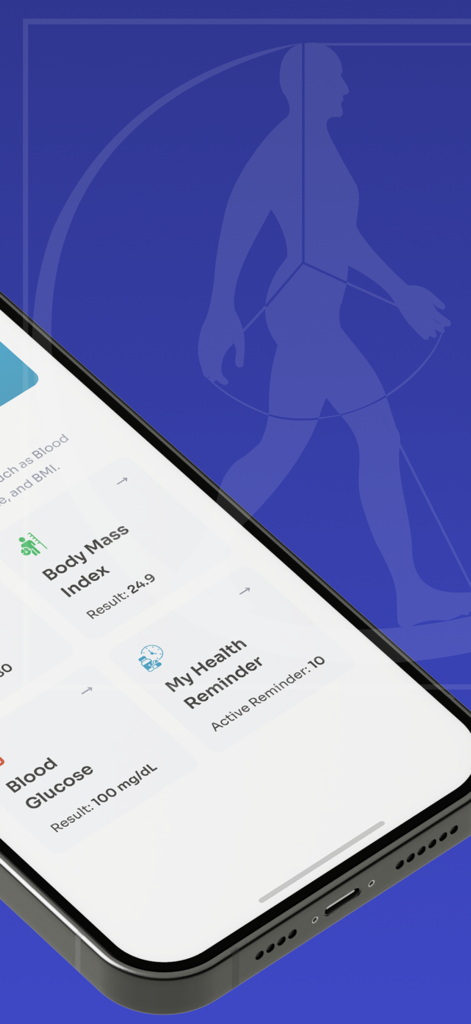 ChughtaiLab - Painel do aplicativo móvel ChughtaiLab exibindo dados de saúde, incluindo Índice de Massa Corporal e níveis de Glicose no Sangue