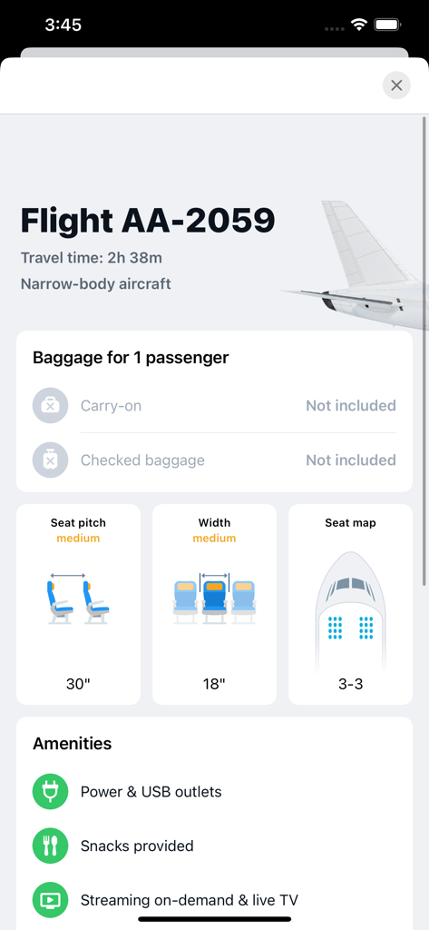 Cheap Plane Tickets - 수하물 정책, 좌석 크기 및 기내 편의 시설을 보여주는 상세 항공편 정보 화면