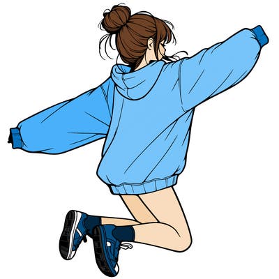 realistic girl jumping with a bun and oversized sweatshirt
