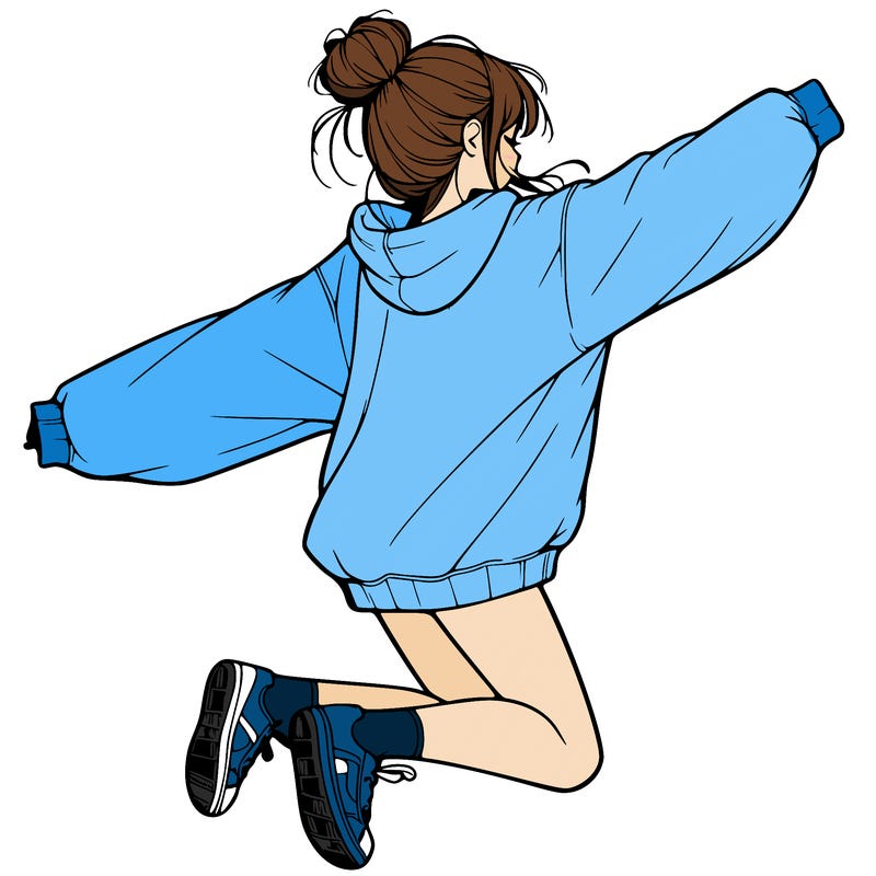realistic girl jumping with a bun and oversized sweatshirt