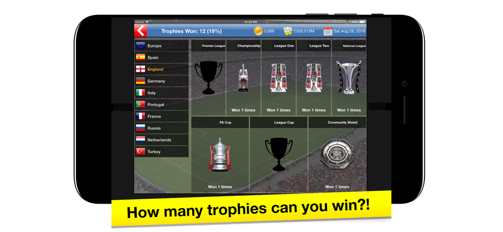 Una pantalla de juego de Soccer Tycoon mostrando una sala de trofeos con varios trofeos de liga y copa inglesas ganados por el jugador