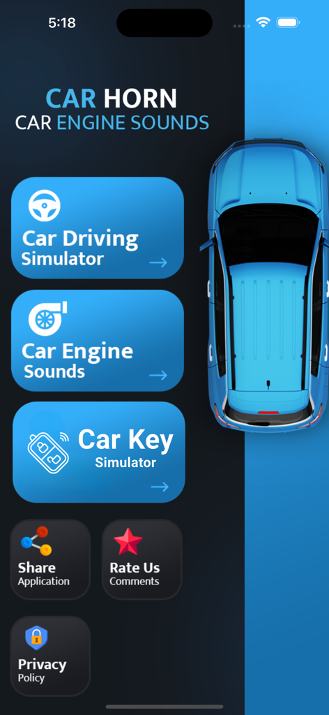 Car Engine & Horn Sounds - Main menu of the Car Engine and Horn Sounds app showing options for engine sounds and simulators
