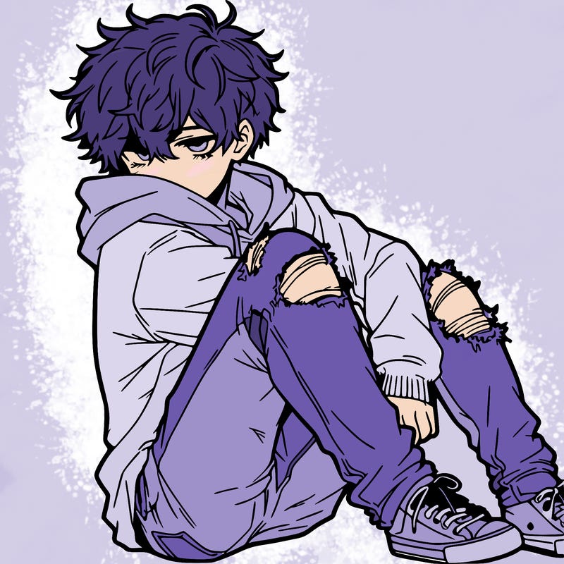 a male hoddie ripped jeans messy hair anime