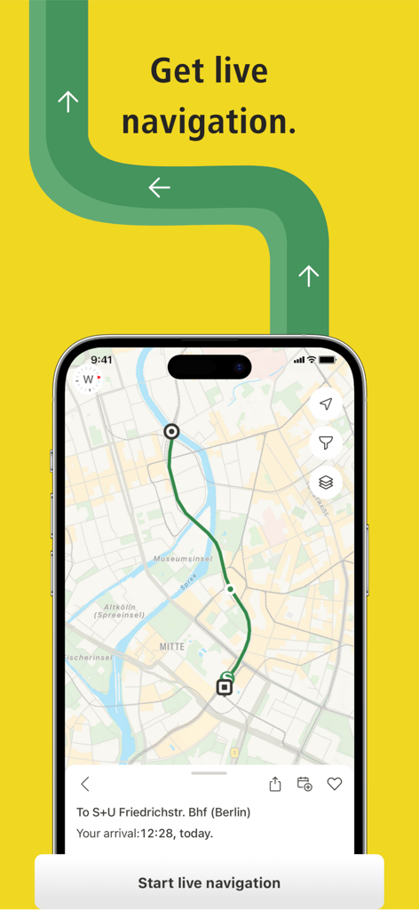Application BVG Fahrinfo affichant la navigation en direct et l'itinéraire sur la carte à Berlin