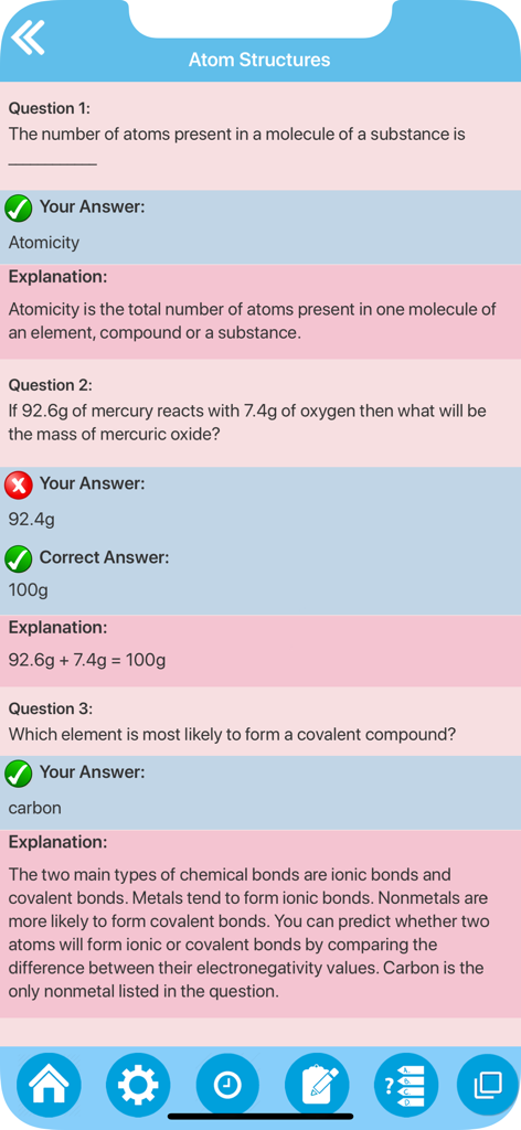 Science : Learn Chemistry - 原子構造に関する化学クイズのレビュー画面。質問と詳細な解答解説が表示されています。