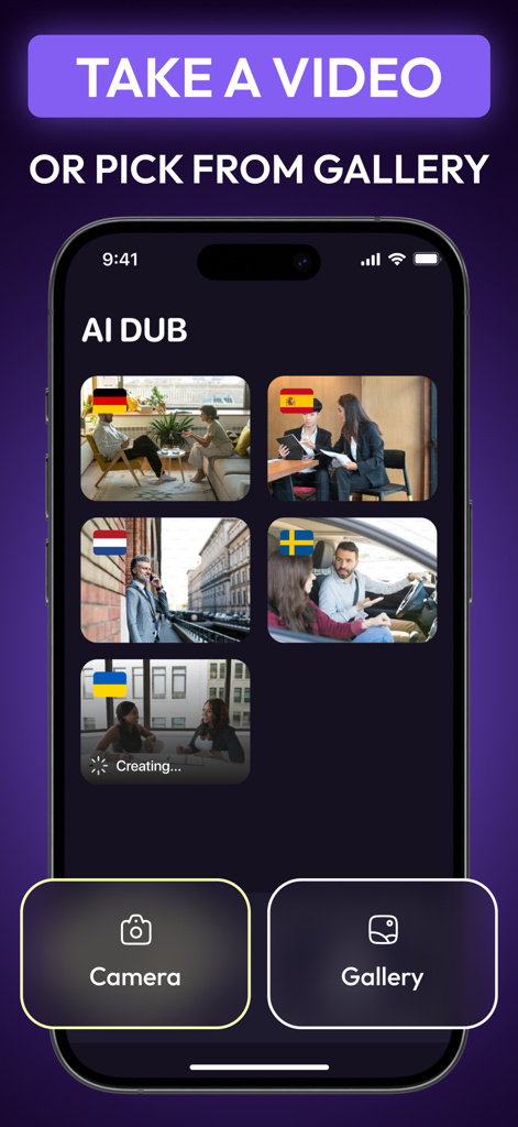 AI Video Dubbing: DubX - 多言語プロジェクトのリストとともに、AIダビングのための動画の撮影またはギャラリーからの選択オプションを表示するDubXアプリの画面