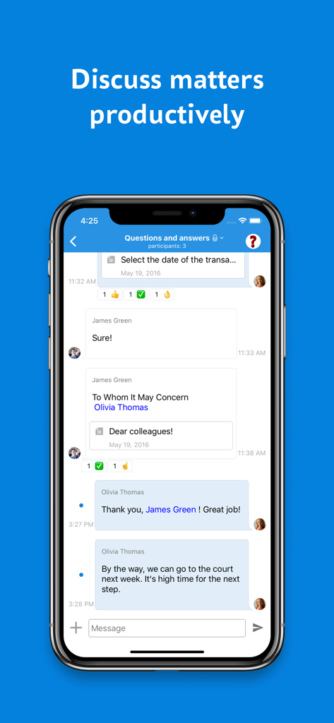 SmartyCRM. Task tracker - SmartyCRM mobile app interface showing a team chat for productive business discussions and file sharing
