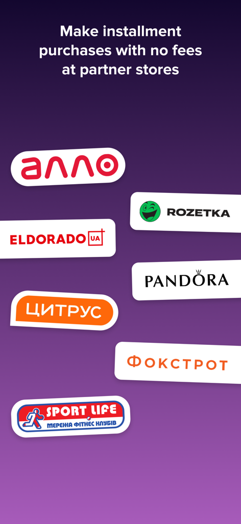 Una lista de logotipos de tiendas asociadas que incluyen Rozetka, Pandora y Citrus para compras a plazos sin intereses con monobank