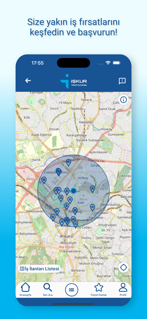 Vista de mapa de la aplicación ISKUR Mobil mostrando oportunidades de empleo en Ankara.