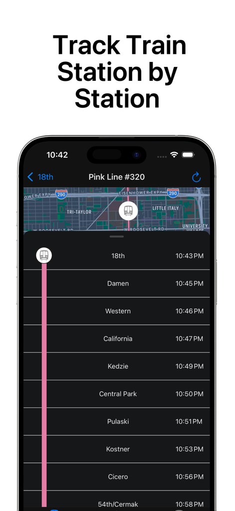 ChiGo - Chicago Trains & Buses - ChiGo app interface showing real-time arrival times and station locations for the Chicago CTA Pink Line train