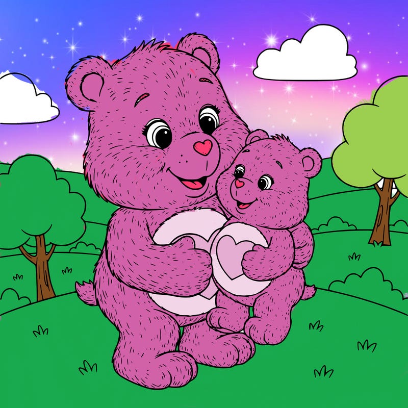 a baby carebear with a mom carebear