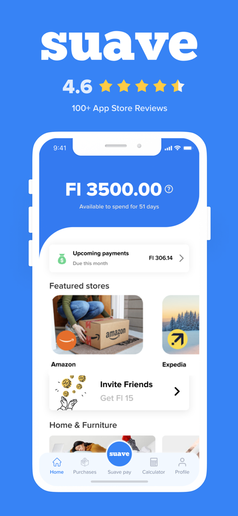 Suave: Buy now, pay later. - Suave mobile app dashboard showing available spending limit and featured stores like Amazon.