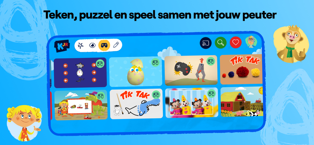 Pantalla de inicio de la aplicación Ketnet Junior que muestra una selección de juegos y vídeos educativos para niños en edad preescolar