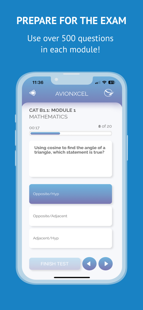 Un smartphone affichant une question à choix multiples de mathématiques dans l'application Examen des modules EASA Part 66 pour les techniciens de l'aéronautique.