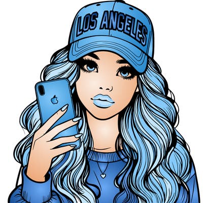 realistic beautiful girl wearing los ángeles cap holding an iphone