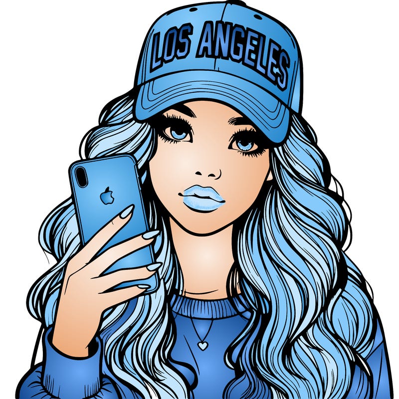 realistic beautiful girl wearing los ángeles cap holding an iphone