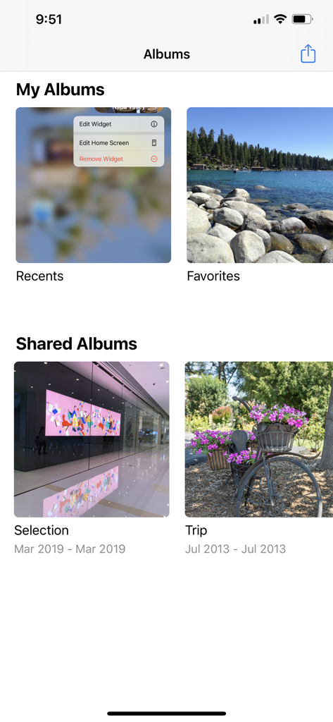 Photo Albums and Widget - Photo Albums and Widget app interface showing My Albums and Shared Albums categories