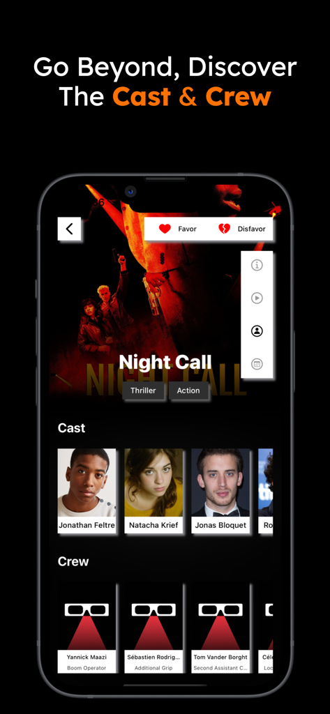Magi - TV & AI Movie Assistant - Magiアプリのスクリーンショット。映画「Night Call」のキャストとクルーの情報を示しています。