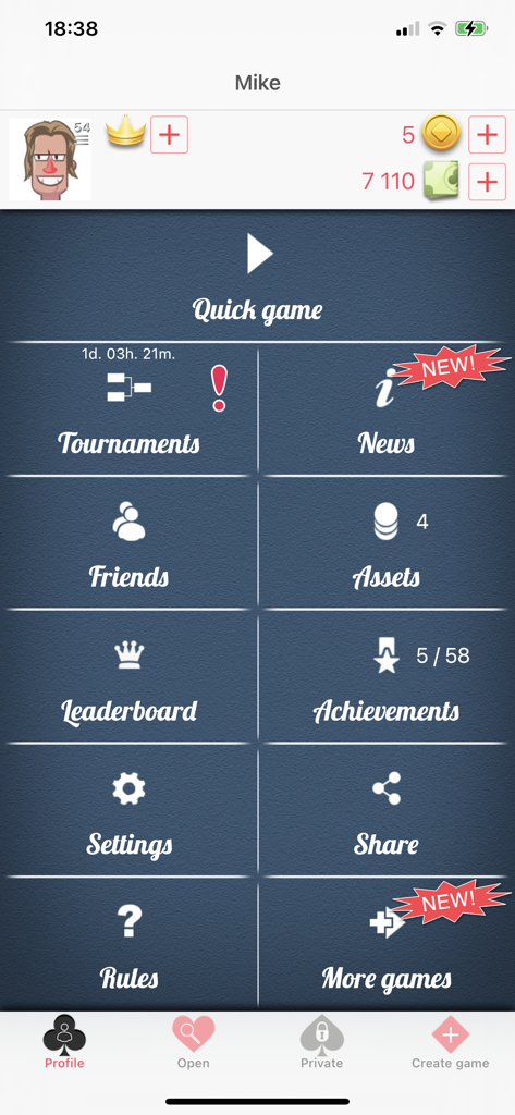 Hauptmenü der Durak Online Kartenspiel-App mit Spielerprofil und Spielmodi
