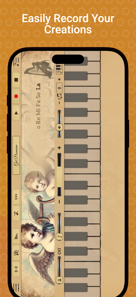 Harp Sim - Smartphone screen displaying the recording feature of the Harp Sim app with musical notes and angelic artwork.