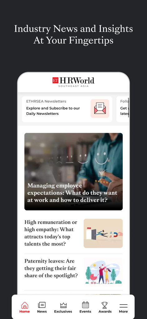 Écran de l'application mobile ETHRSEA montrant les actualités et articles du secteur RH pour l'Asie du Sud-Est