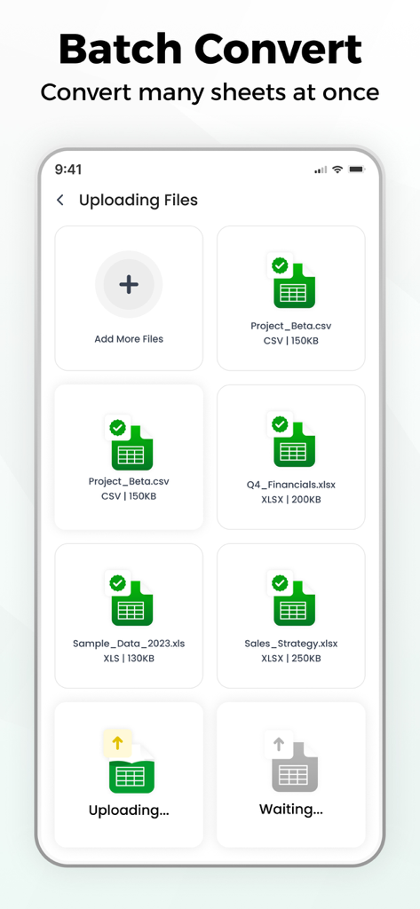 Tela de smartphone exibindo o recurso de conversão em lote para vários arquivos Excel e CSV