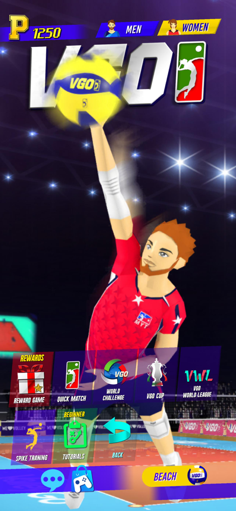VGO2 - VGO2 mobile game main menu screen showing a volleyball player character and various game mode options
