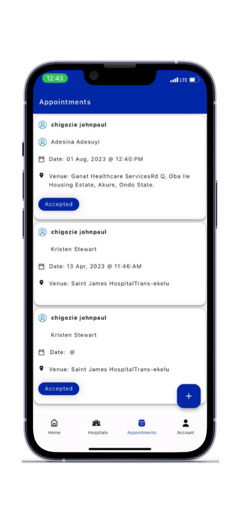Ganat E-Clinic: Health Workers - A mobile app interface displaying a list of medical appointments for healthcare professionals including patient names dates and locations.