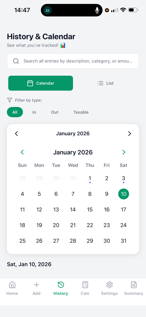 TaxPaddy - The history and calendar screen of the TaxPaddy app showing tracked financial entries for January 2026