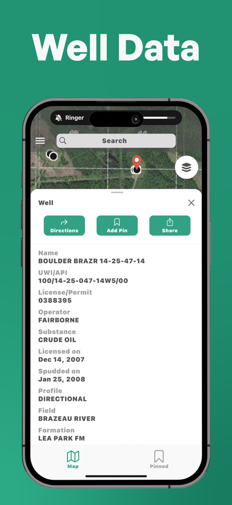 Well Finder - GeoActivity - A mobile app screen showing detailed technical data and map location for an oil well.