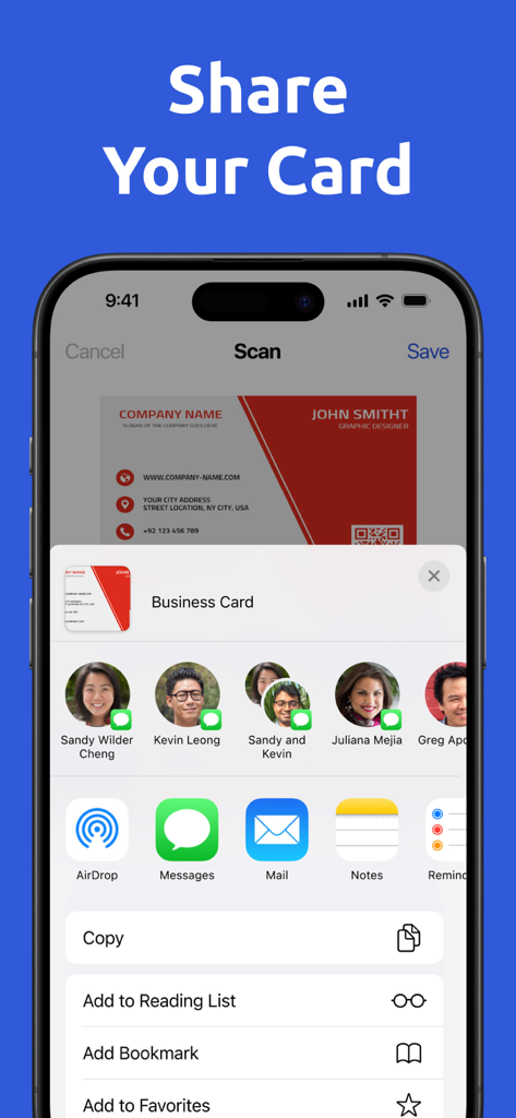 Digital Business Card Scannerㅤ - A smartphone screen displaying options to share a digital business card with contacts using the iOS share sheet