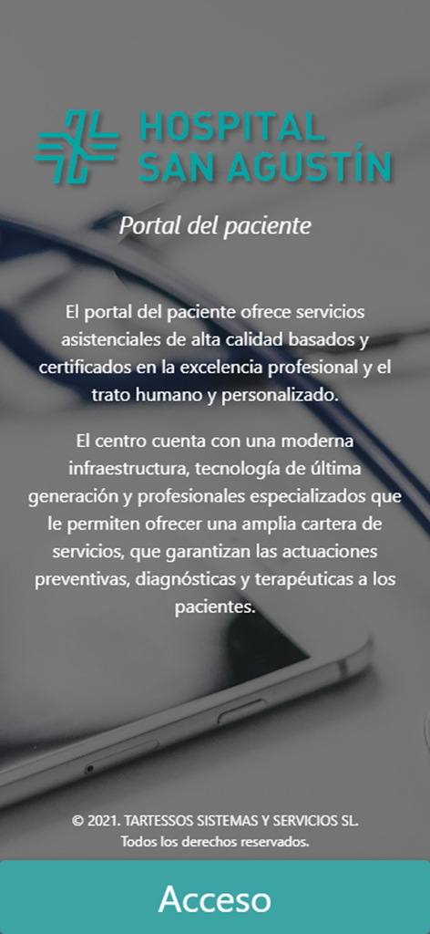 Pantalla de bienvenida del portal del paciente del Hospital San Agustín
