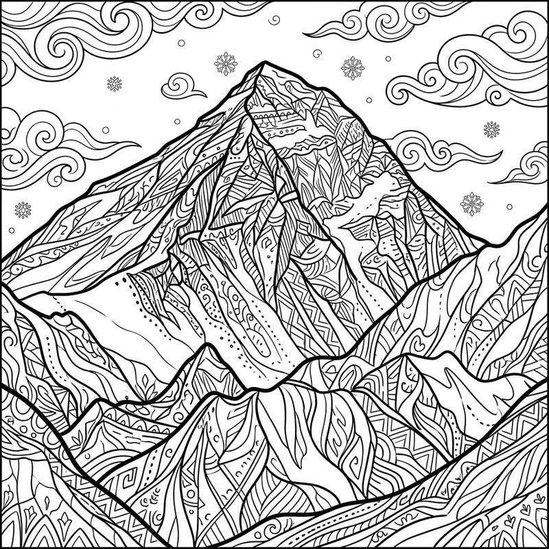 Embark on an artistic journey to the world's highest peak with this intricate Mount Everest adult coloring page. Its detailed patterns and majestic design offer a truly immersive and relaxing coloring experience.