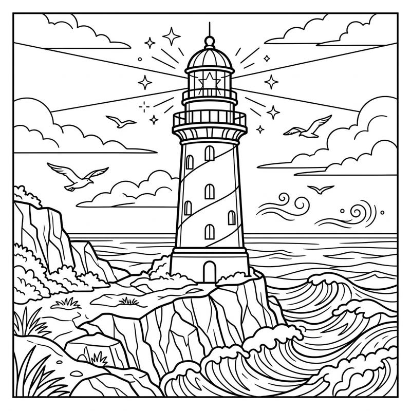 Embark on a coastal journey with this captivating lighthouse coloring page, featuring a sturdy beacon overlooking a dramatic seascape. Dive into the intricate details of crashing waves and soaring seagulls, perfect for a relaxing creative escape.