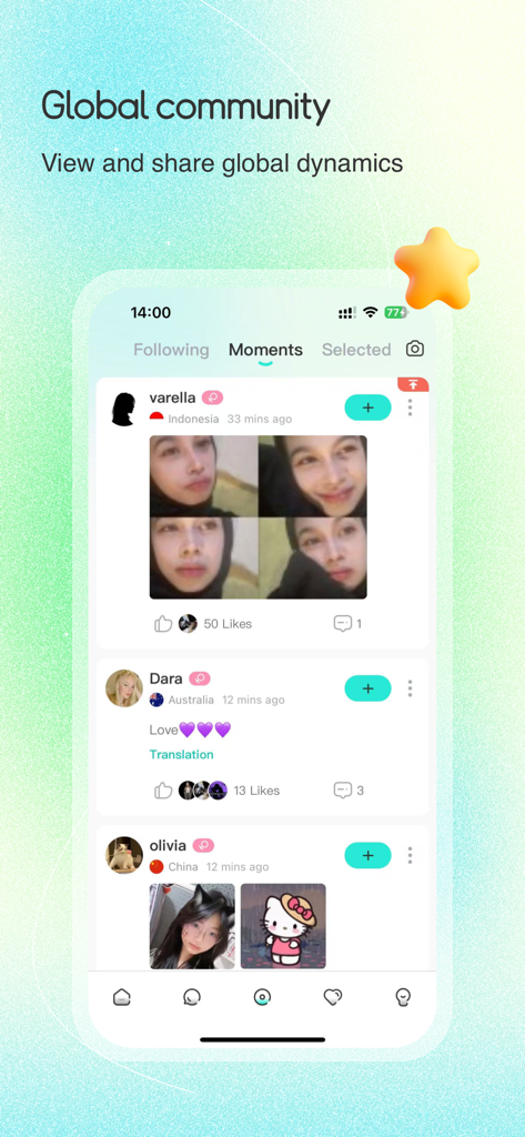 Interface of WorldTalk app showing the moments feed with posts from international users in Indonesia, Australia, and China.