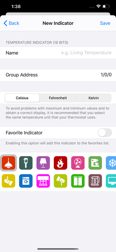 Interfaz de la aplicación Easy KNX para crear un nuevo indicador de temperatura con varios iconos
