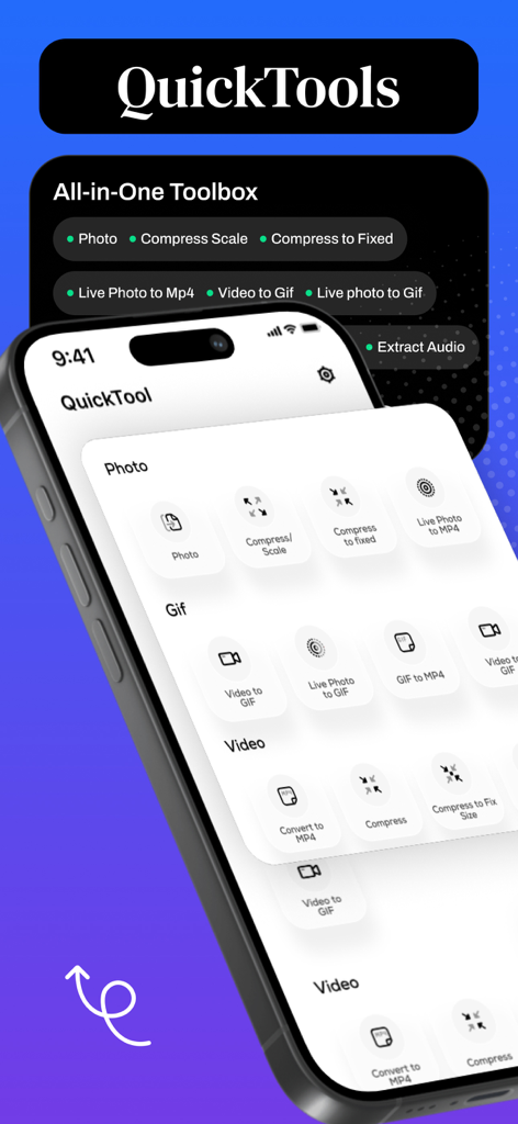 QuickTools Media & Files - QuickTools app interface showing a comprehensive toolbox for converting and compressing photos videos and GIFs